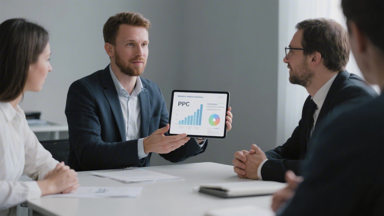 Business meeting with consultant presenting PPC performance recommendations on a tablet, illustrating advisory and mentoring services.