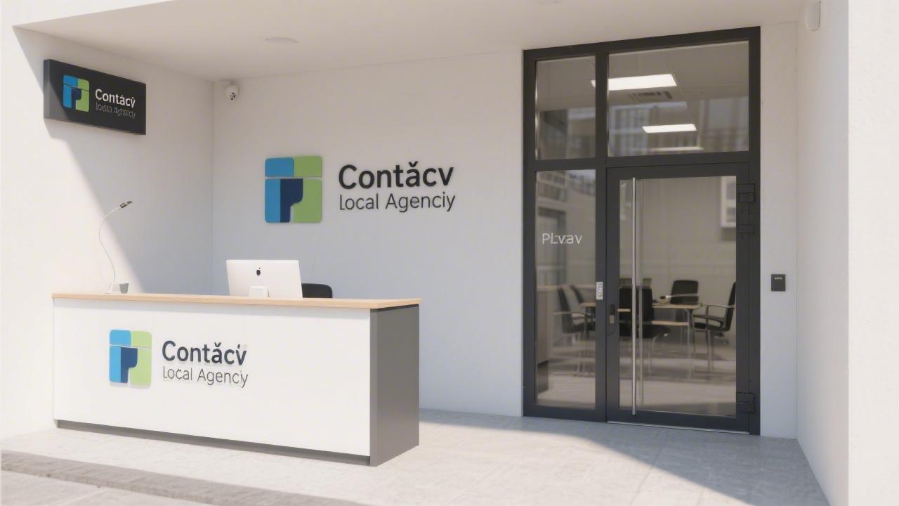 Minimalist office entrance with a contact desk and signage, representing a professional yet approachable local agency in Plzeň.