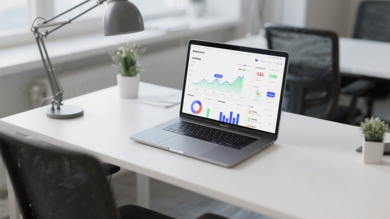 Modern office workspace with laptop showing advertising dashboard, graphs, and performance metrics, reflecting a focused PPC setup for a local Czech company in Plzeň.
