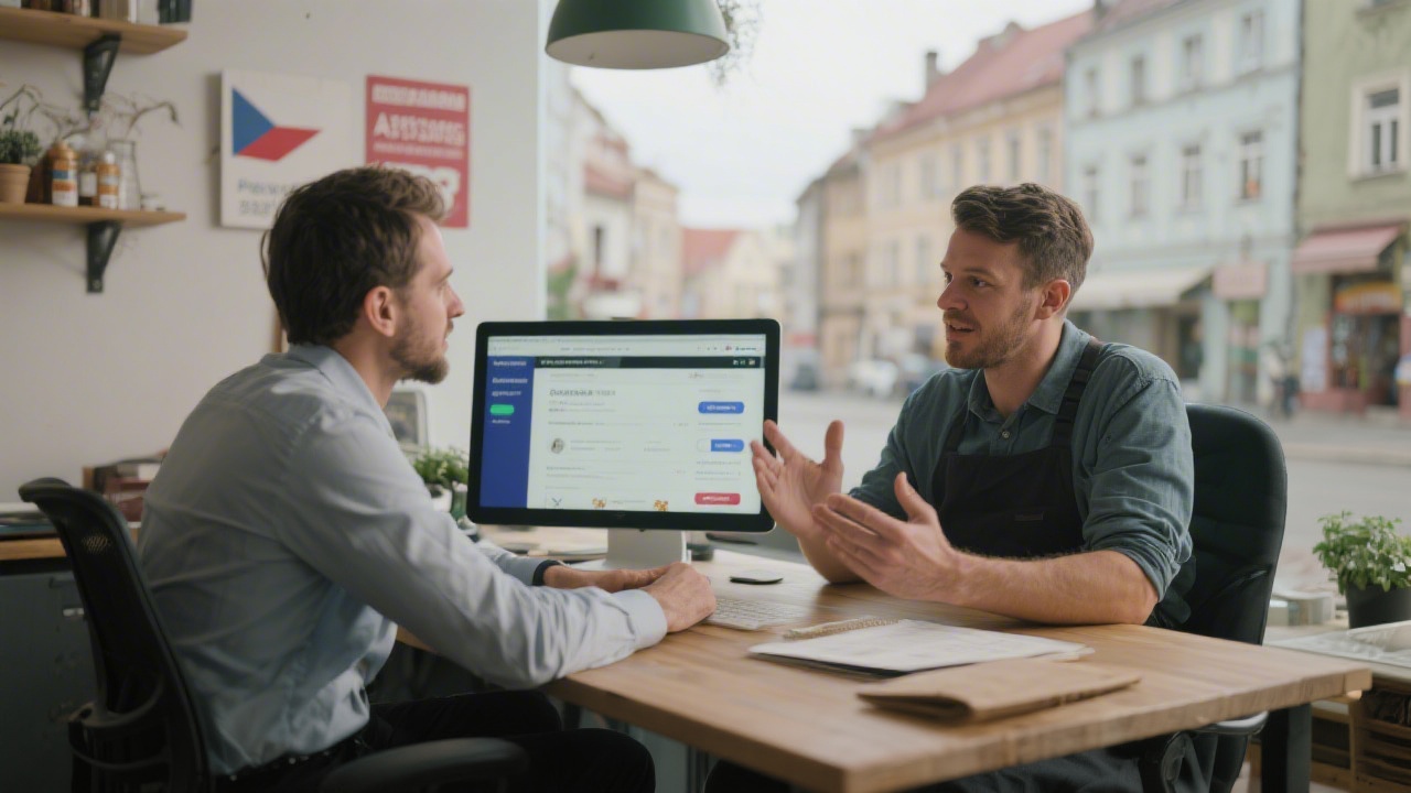 Small local business owner discussing advertising strategy with consultant at a desk, showcasing a collaborative approach to PPC campaigns in a Czech city.