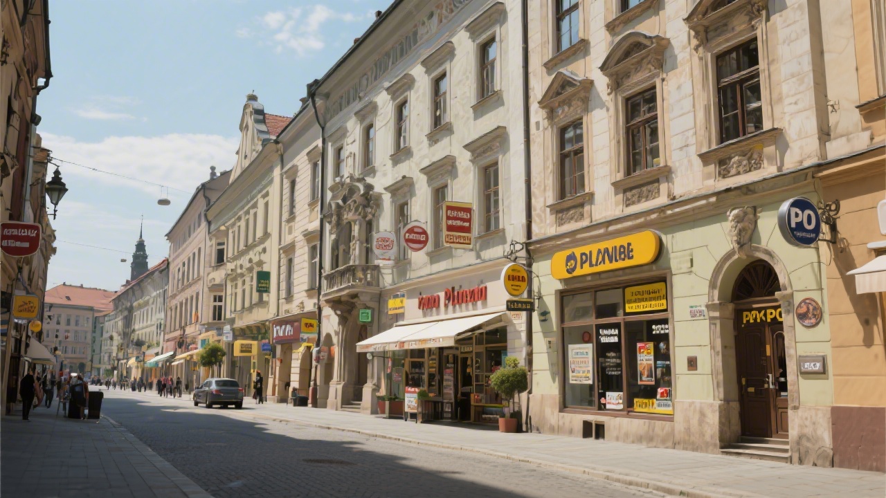 Street view in Plzeň city center with historic buildings and business signage, representing local market knowledge and regional focus for PPC campaigns.