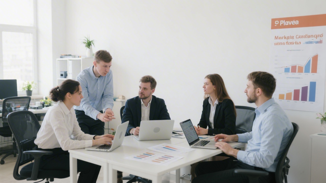 Small team of marketing specialists discussing campaign setup in a bright Plzeň office, working with laptops and printed performance charts.