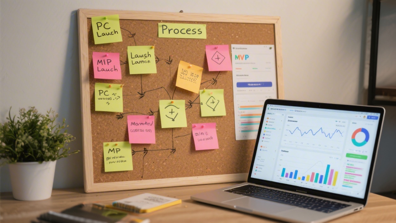 Process board with sticky notes outlining PPC launch steps, alongside a laptop and analytics screenshots, illustrating a structured MVP campaign workflow.